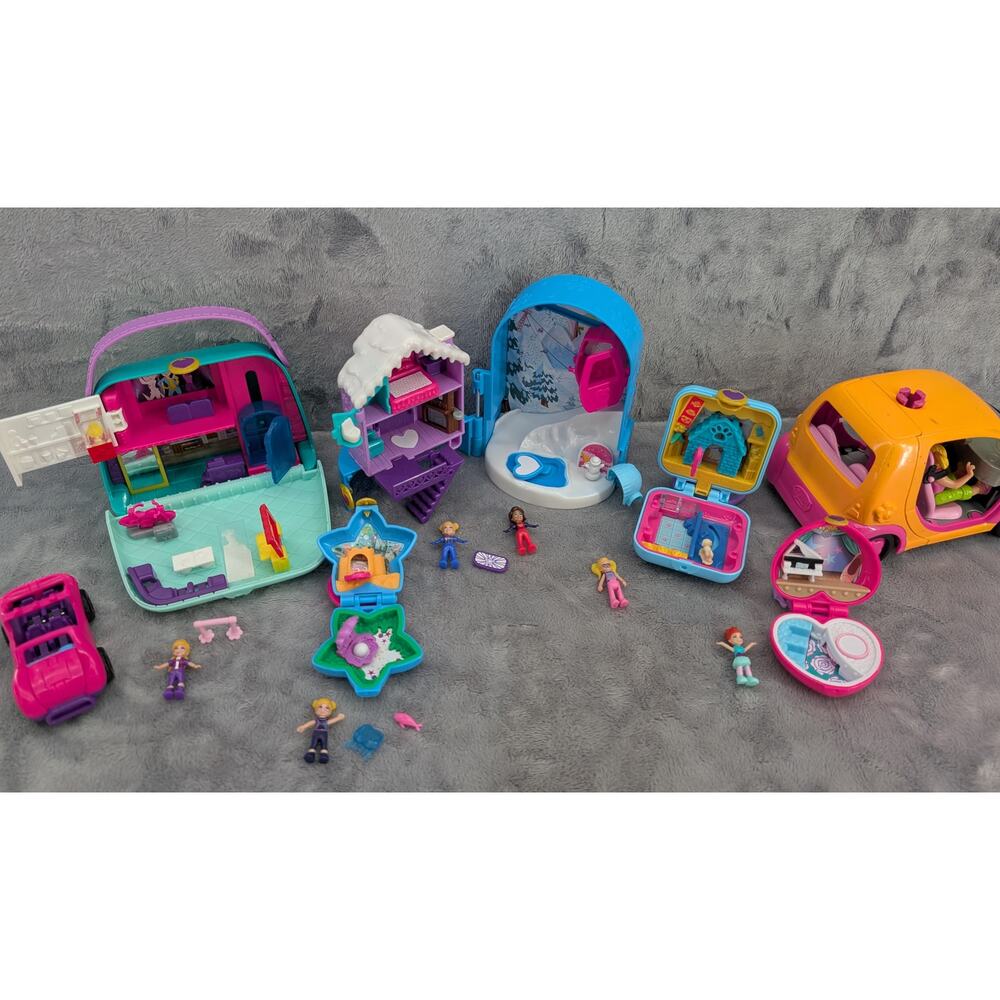 Polly Pocket lot snowball, helicarpter, convertible, aquarium, ballet, dog house